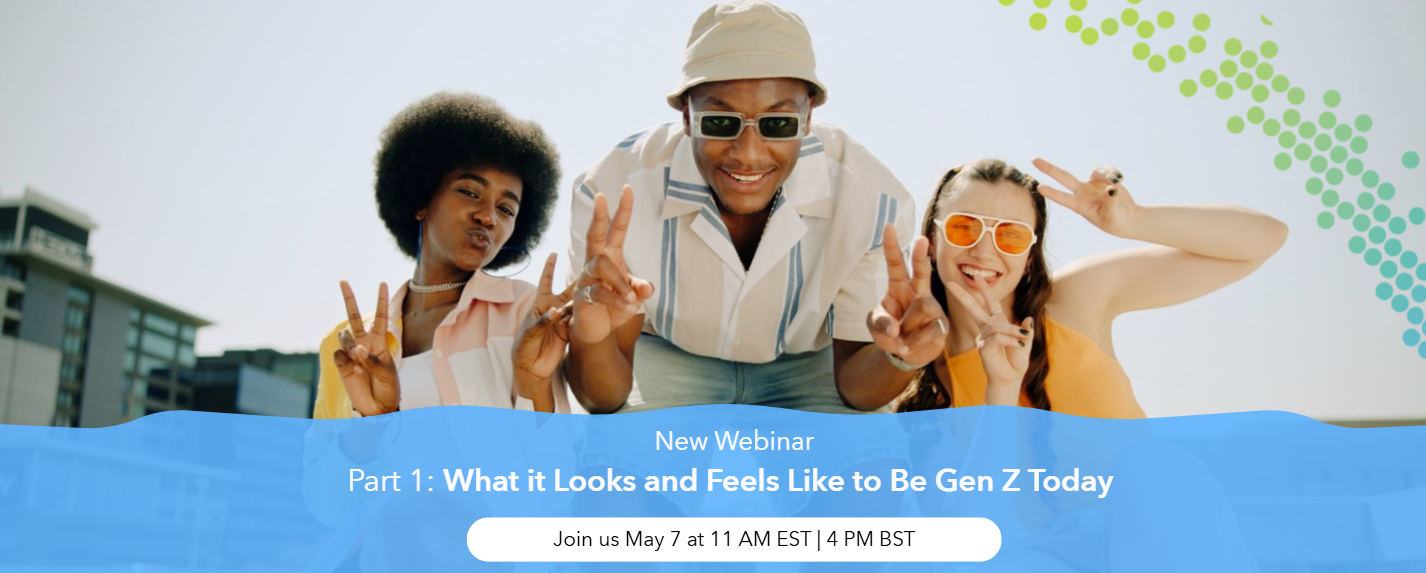 Three diverse young adults pose and flash peace signs on a sunny rooftop, for a Gen Z webinar banner.