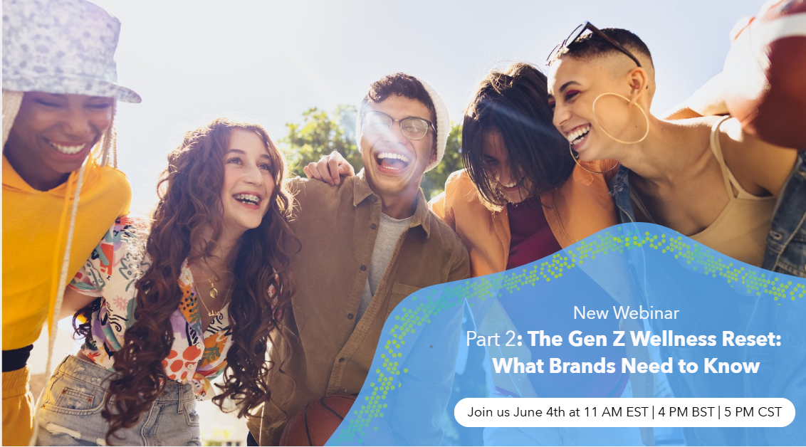 Group of diverse friends smiling outdoors with a blue curved webinar promo banner on the right side, announcing Part 2: The Gen Z Wellness Reset.