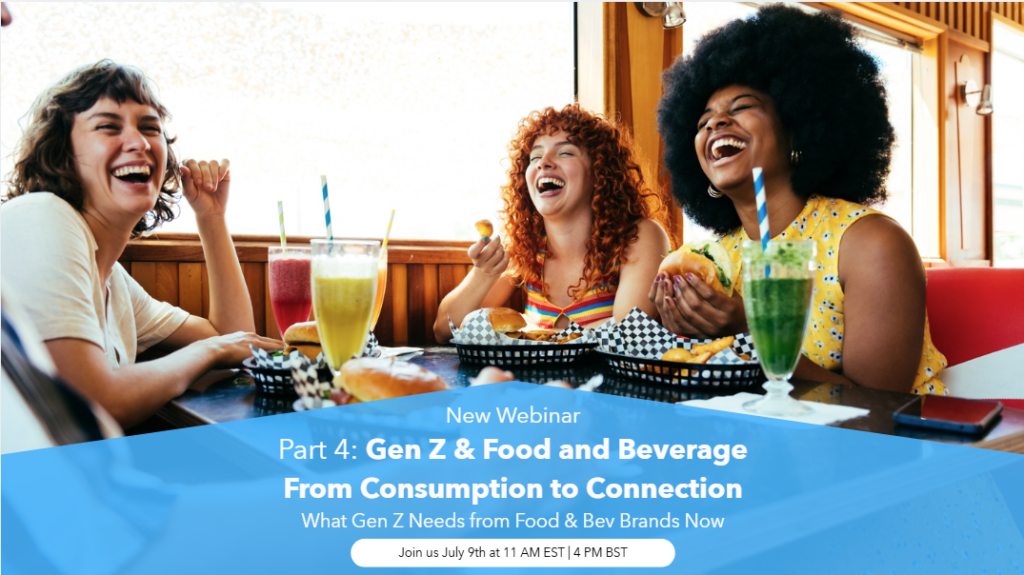 Three diverse women laughing and eating burgers at a sunny diner; blue banner promotes a webinar on Gen Z and Food & Beverage.