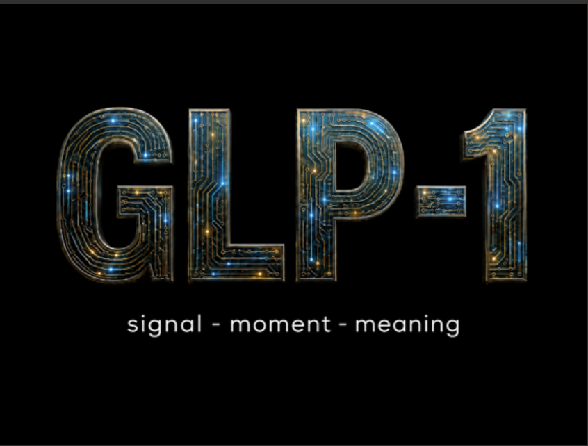 GLP-1 logo in circuit-board style on black background, with caption 'signal - moment - meaning' beneath.